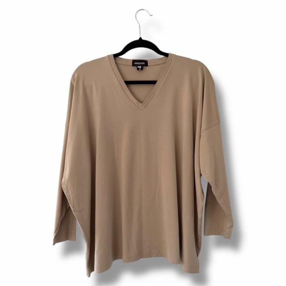 Eskandar Beige Pima Cotton V-Neck Oversized Quiet Luxury Lagenlook Minimalist OS